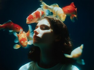 Surreal underwater portrait of a young woman with closed eyes, meditating serenely amidst colorful koi fish, creating a tranquil and dreamlike atmosphere