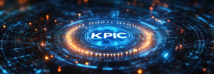 Futuristic digital interface with glowing blue and orange circular data visualization centered around the acronym KPI