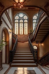 Elegant vintage staircase with intricate wrought iron railings, large stained glass windows, and ornate ceiling lighting in a warm, inviting interior