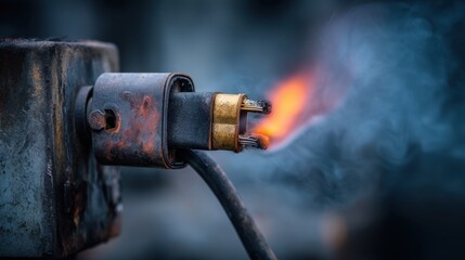 Close-Up of a Damaged Electric Plug with Flames and Smoke Emitting, Highlighting Electrical Hazard Risks and Unsafe Conditions in Residential Areas