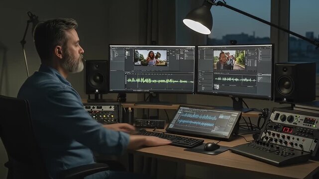 Man with a beard edits video using two monitors and editing console in dark room