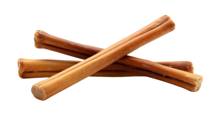 Three bully sticks isolated on transparent background, a popular dog chew treat