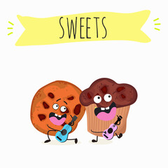 Fototapeta premium Sweets, bakery funny characters, hand drawn vector illustration.