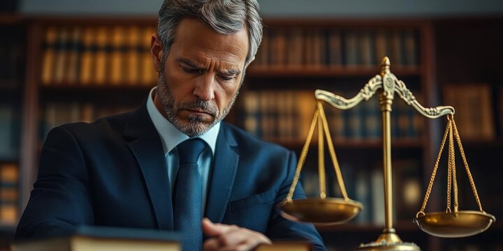 serious middle-aged man in a suit sitting thoughtfully with eyes downcast near a golden balance scale in a law library - Powered by Adobe