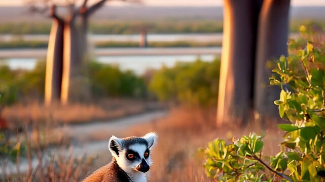Ring-tailed lemur at sunset