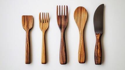 Set of wooden kitchen utensils including spatula, two forks, spoon, and knife arranged neatly on a white background