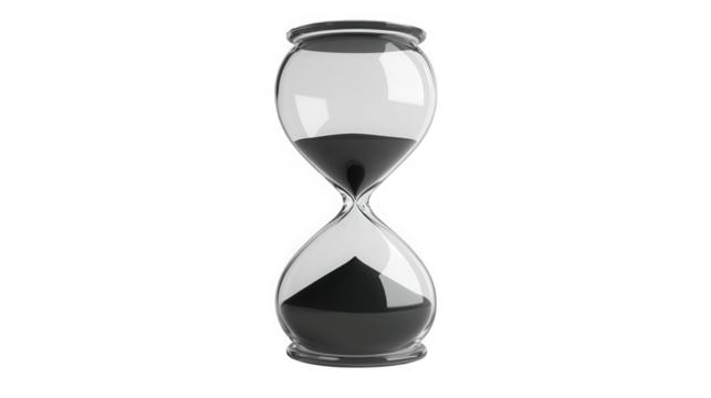 A clear hourglass with black sand against a black background showing the passage of time passing away on transparent background