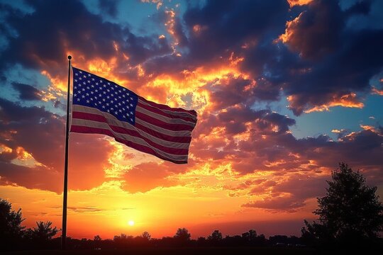 American flag waving on a flagpole against a vibrant sunset sky with dramatic clouds and silhouetted trees at dusk