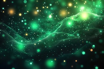 Glowing green and yellow particle waves forming a flowing abstract landscape with a sense of depth and dynamic motion in a dark background