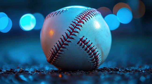 Close-up of a slightly worn baseball resting on a textured surface with blurred blue bokeh lights in the background creating a calm atmosphere