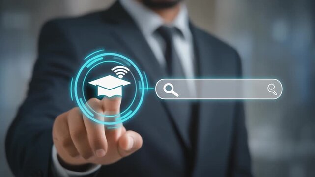 E-Learning Information Technology Template concept. Businessman presses graduation cap wireless wi-fi button on a web search string virtual scree.