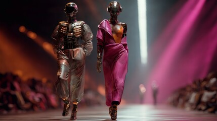 Two stylish robots walking down a runway during a futuristic fashion show, showcasing innovative designs and the integration of technology and style