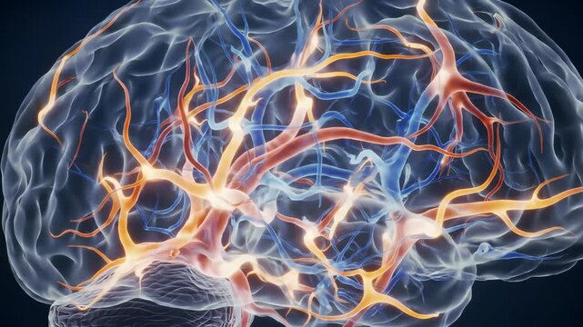 A detailed 3D anatomical illustration of the human brain