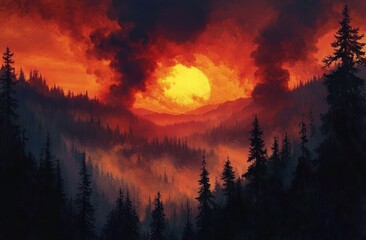 Fototapeta premium Dramatic sunset glowing behind dark smoky wildfire over dense forested mountains with silhouetted trees in foreground