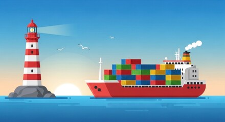 Obraz premium Red and white lighthouse guides large cargo ship with colorful containers at sea