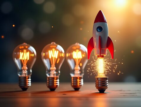 Rocket launch from lightbulb idea innovation startup business success concept creativity and inspiration