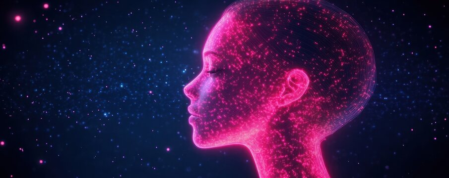 Glowing pink digital wireframe profile of a female face with closed eyes surrounded by stars and light particles on dark background