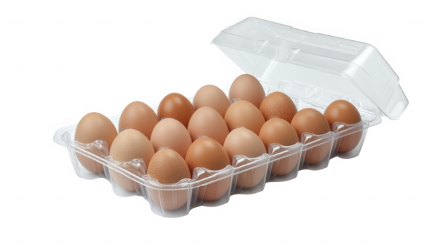 A carton of brown eggs in a clear plastic container with the lid partially opened  on transparent background