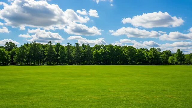 Vast green lawn with a line of trees and blue sky with clouds