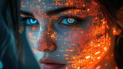 Close-up of a woman's face with glowing orange digital circuit patterns projected on skin and bright blue eyes emitting a futuristic and intense atmosphere