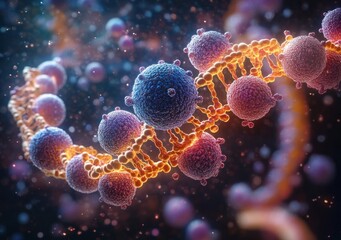 Close-up view of a glowing DNA double helix strand surrounded by spherical virus-like particles with a detailed molecular texture in a dark, vibrant scientific environment