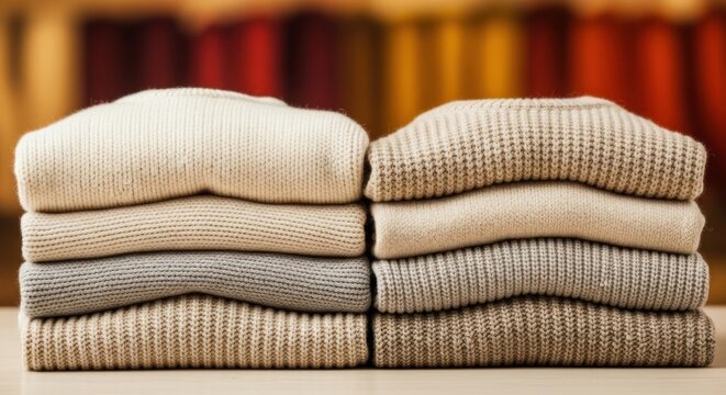 Neatly stacked sweaters in neutral tones with a blurred colorful rack in the background