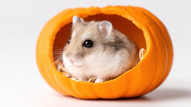 Cute hamster inside a carved pumpkin, cozy autumn setting with bright orange background, adorable pet expression capturing seasonal warmth and charm