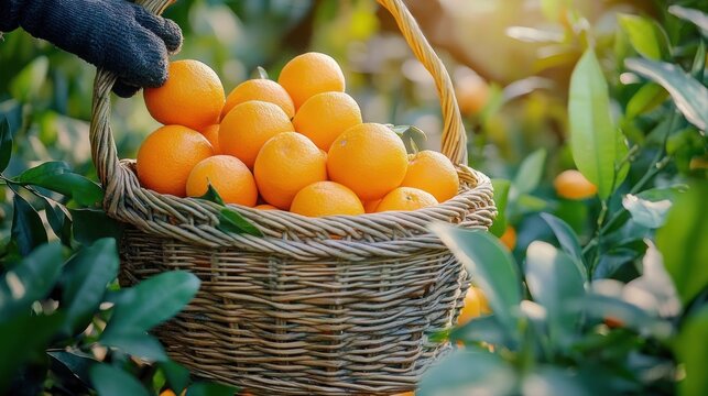 Hand holding a wicker basket full of ripe oranges among green foliage with soft sunlight filtering through the trees