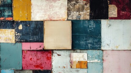 abstract textured wall with layered rectangular panels in muted and vibrant colors creating a rustic and artistic atmosphere