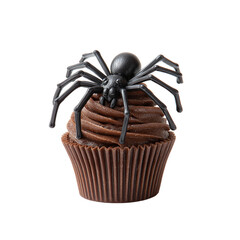 Halloween chocolate cupcake with spider isolated on transparent background