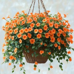 Large hanging basket overflowing with vibrant orange flowers and lush green foliage against a plain light background