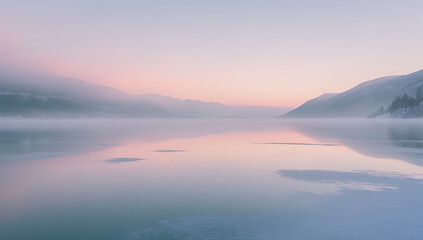 Frozen lake reflecting the soft pastel hues of a serene sunrise, with a minimal composition featuring gentle fog that subtly veils the distant mountains, the lake's glassy surface