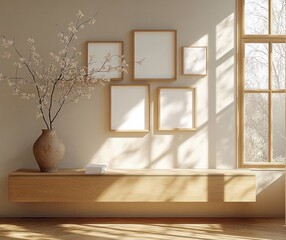 Minimalist interior with a floating wooden shelf, a large ceramic vase holding delicate flowering branches, five empty wooden picture frames on a sunlit beige wall and tall window casting shadows