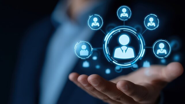 Person holding virtual holographic icons representing social connections and digital networking in a modern business environment