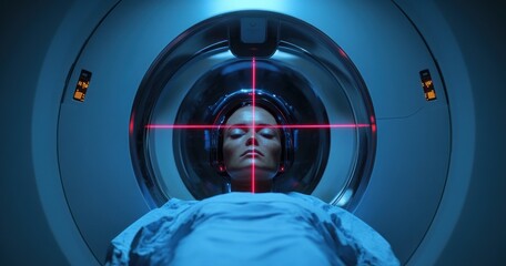Person undergoing a medical imaging scan inside a circular machine with red laser alignment lines and blue ambient lighting, evoking a clinical and focused atmosphere