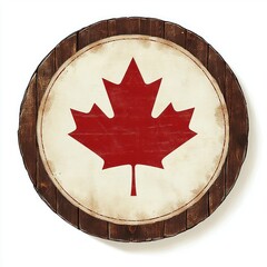 round wooden wall decor featuring a red maple leaf symbol in the center on a distressed white background with rustic brown wood border