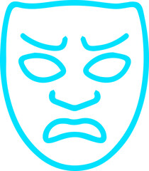 Striking blue outline of a theatrical tragedy mask representing deep sadness and sorrow in performance art
