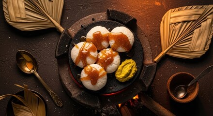 A top view of idli served with chutney and caramel sauce on a rustic stove with spoons and fans around