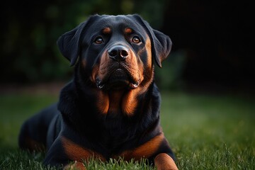 Fototapeta premium Close-up of a calm and attentive black and tan Rottweiler dog laying on grass with soft lighting highlighting its expressive face and muscular build