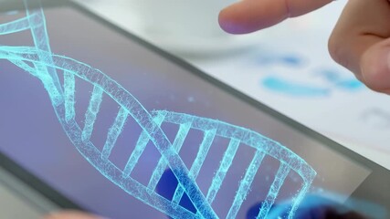 Holographic DNA tablet hand technology science innovation research digital futuristic healthcare laboratory genetic biology medical analysis data interface touchscreen biotechnology discovery biotech - Powered by Adobe