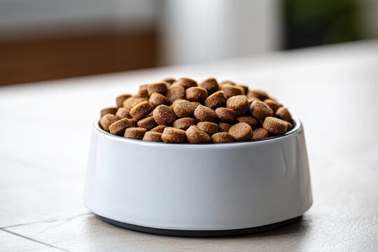 Close-up of a white bowl filled with dry brown pet food kibbles placed on a tiled surface