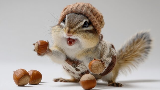 Cute squirrel wearing knitted hat and sweater joyfully holding nuts with a cheerful expression, showcasing playful attitude and adorable nature