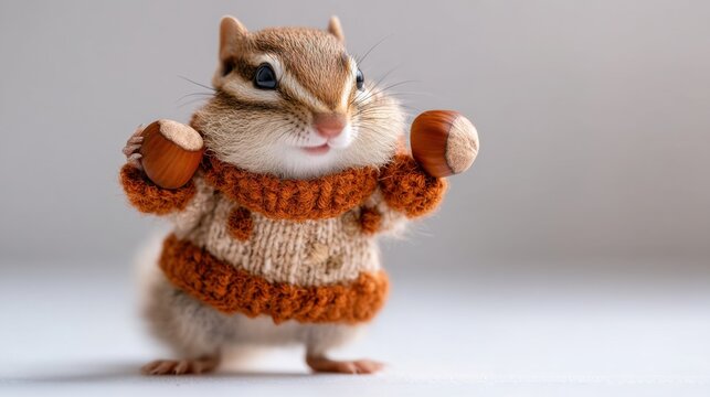 Cute small animal wearing a cozy sweater holding two acorns, charming chipmunk in adorable pose in a bright indoor setting, minimalistic background