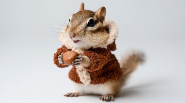 Adorable chipmunk wearing a cozy brown sweater while holding an acorn, showcasing cuteness and charm in a playful and whimsical manner