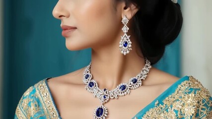Elegant diamond and sapphire bridal necklace set worn by a beautiful woman in traditional Indian wedding attire. - Powered by Adobe