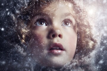 Childlike awe: experiencing snow's beauty for the first time. Advertising photo. Portrait of a child's first experience with snow, pure excitement in their eyes. Majestic beauty.