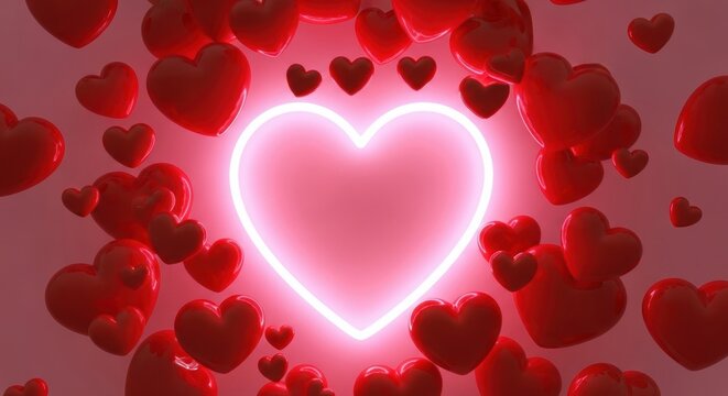 A pink background with many red hearts and a large heart outline in the center of the image space