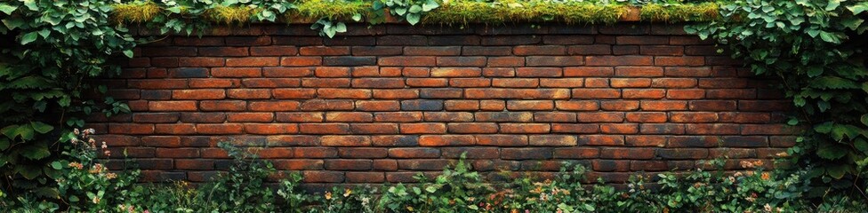 red brick wall covered partially at the top with green moss and leafy vines with various small flowering plants growing at its base