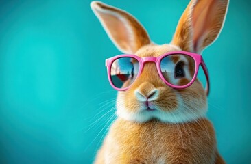 close-up of a cute light brown rabbit wearing pink sunglasses against a bright turquoise background expressing playful and cool vibe