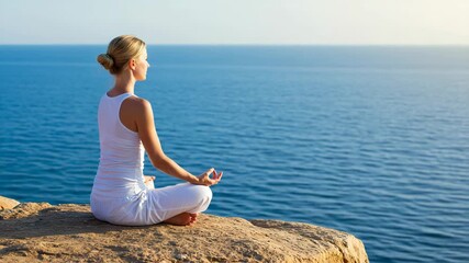 Woman meditating on a cliff overlooking the ocean at sunrise - Powered by Adobe